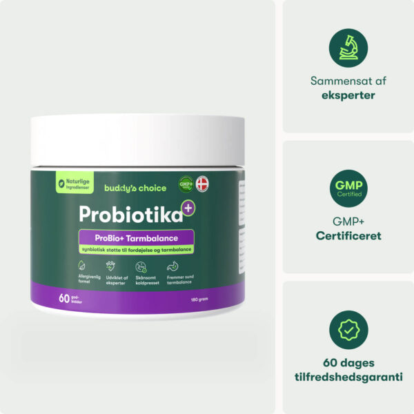 Probiootti+ -purkki suoliston tasapainoon, vihreä-violetti etiketti, luonnolliset ainesosat ja GMP-sertifiointi