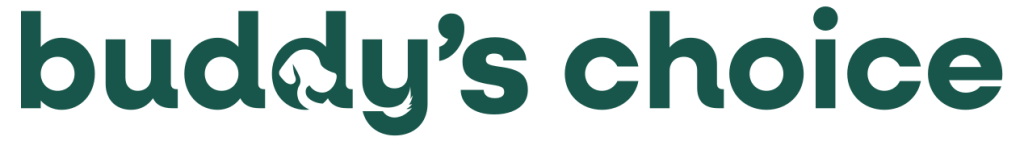 buddy's choice-logo i mørkegrøn skrift med katte- og hundesilhuet indlejret i bogstavet d