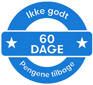 Blåt segl med 60 DAGE i midten og teksten Ikke godt, pengene tilbage rundt om