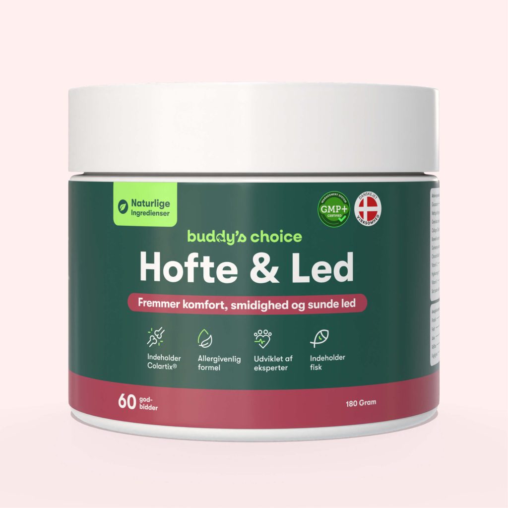 Buddys Choice Hofte & Led kosttilskud i grøn krukke med hvidt låg, 60 godbidder, 180 g