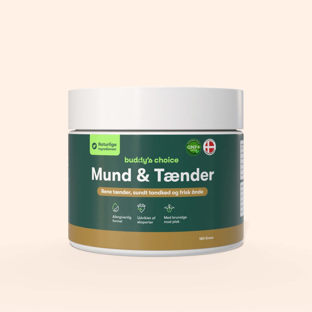 Buddys Choice Mund & Tænder krukke 180 g, grøn etiket med tekst om rene tænder og frisk ånde