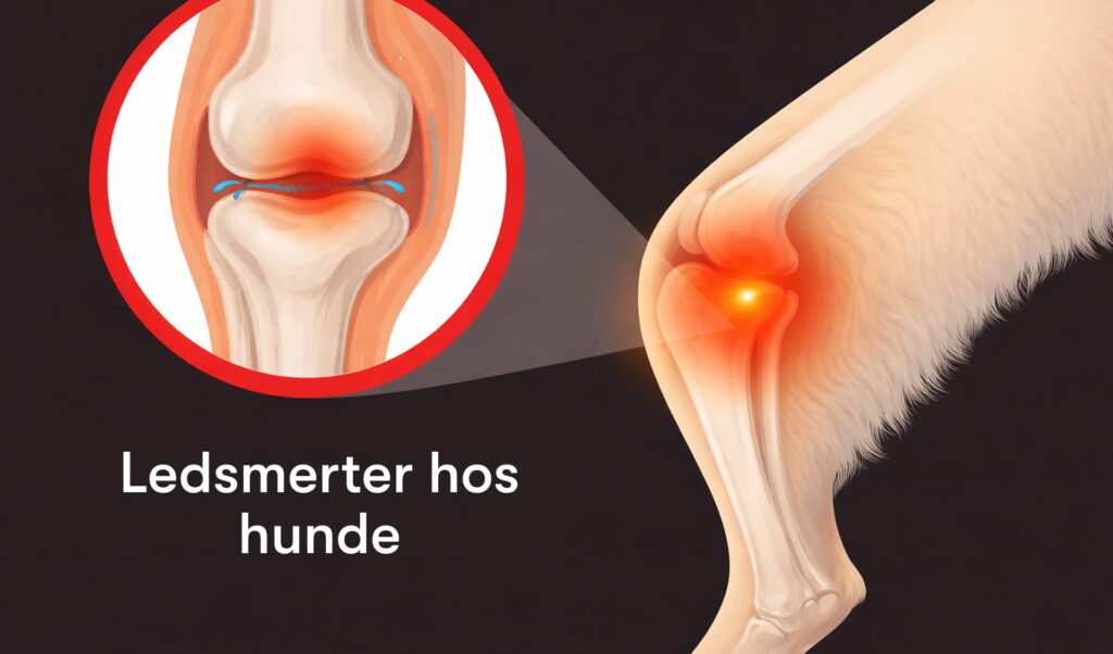 Hundeben med fremhævet knæled i inflammation og indzoomet illustration af slid i ledbrusk