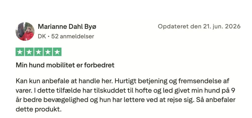 5-stjernet anmeldelse fra dansk bruger: Min hunds mobilitet er forbedret, anbefaler hofte- og ledsupplement