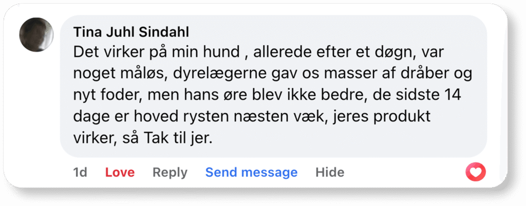 Brugerudtalelse på socialt medie: produkt hjalp hundens øre, hovedrysten næsten væk efter 14 dage, tak