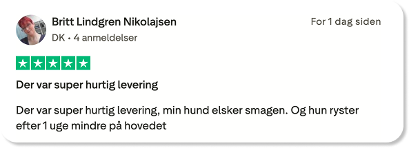 5-stjernet kundeanmeldelse fra DK: Hurtig levering, hund elsker smagen og ryster mindre efter en uge
