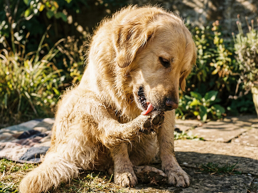 Gylden retriever sidder i solskin i haven og slikker sin mudrede pote