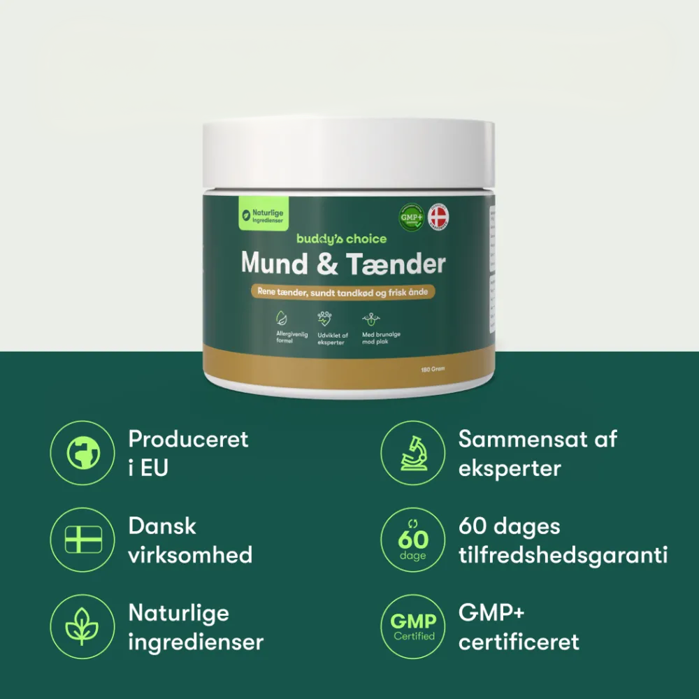 Mund & Tænder beholder med ikoner: produceret i EU, dansk virksomhed, naturlige ingredienser, 60 dages garanti, GMP+