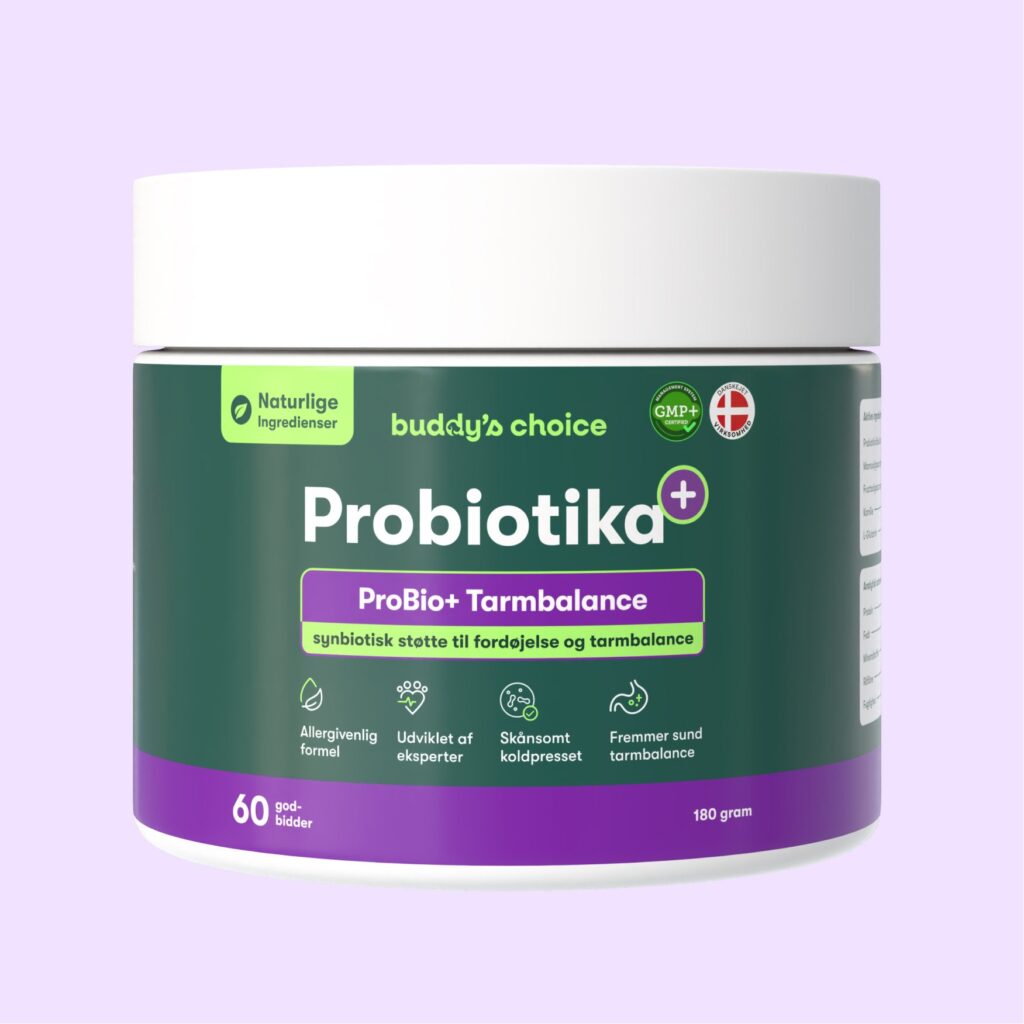 Beholder med Probiotika ProBio+ Tarmbalance kosttilskud fra buddy's choice, grøn etiket og lilla bund