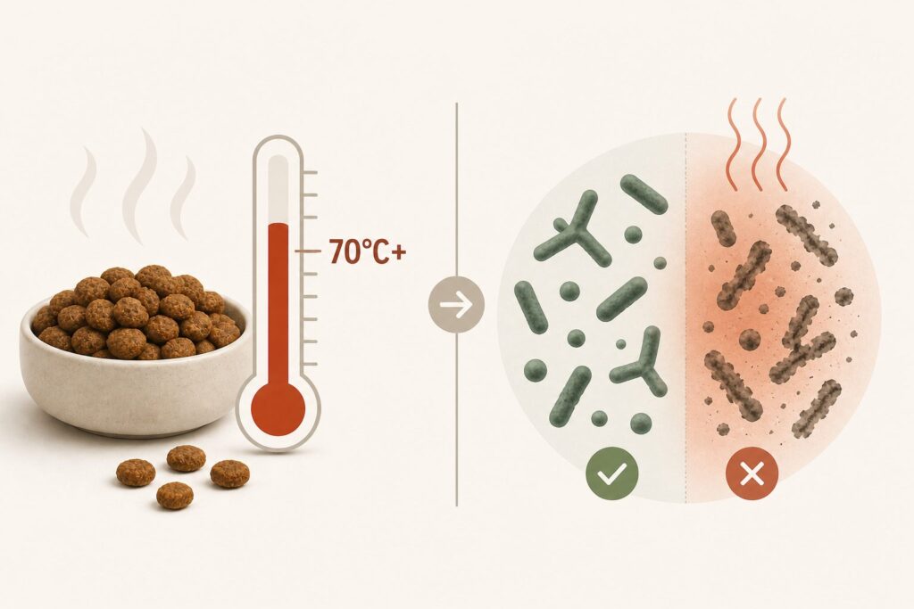Skål med varme foderkugler og termometer 70°C+, viser gavnlige bakterier til venstre og skadelige til højre