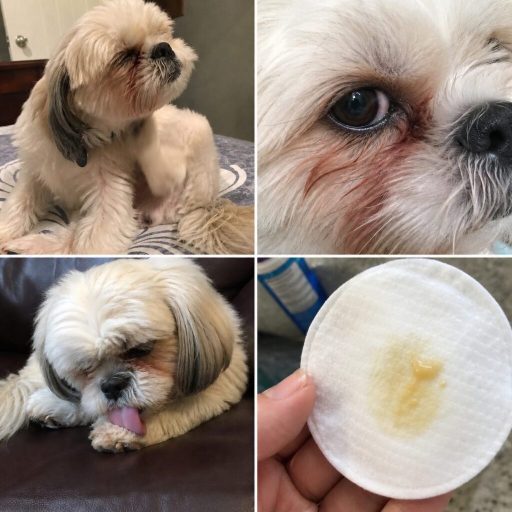 Hvid Shih Tzu med brunlige tåre- og øjenpletter, slikker poten; vatpude med gulaktig øjenudflåd