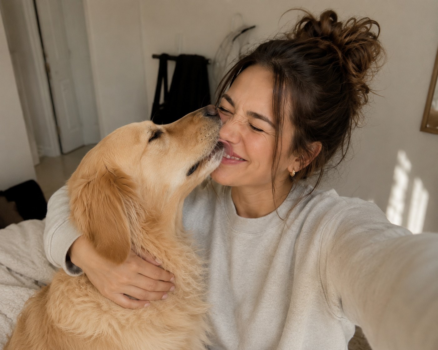 Kvinde får hundekys af golden retriever, de krammer og smiler i hyggeligt hjem