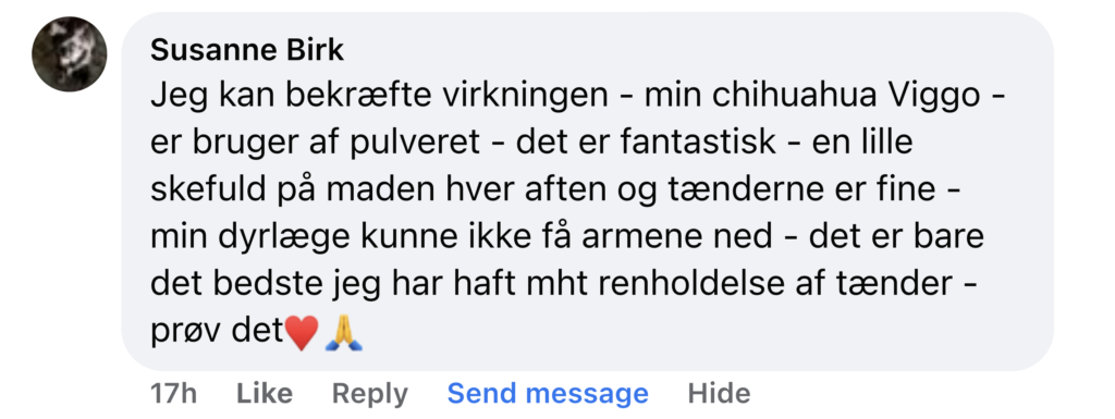 Positiv kundeanmeldelse om pulver til chihuahua Viggo, roser tænders renholdelse og anbefaler produktet ❤️🙏