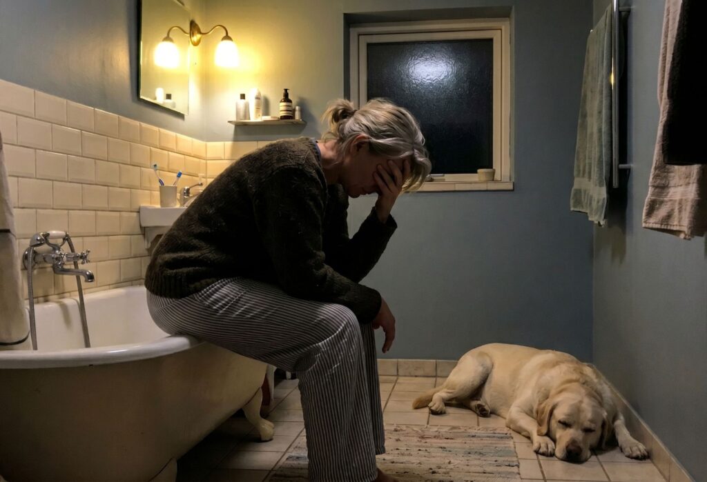 Kvinde sidder på badekant med hånden for ansigtet i dæmpet badeværelse, hund ligger træt på flisegulvet.