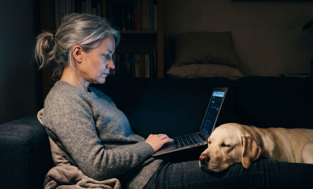 Kvinde i grå strik sidder på sofa med bærbar computer, hund hviler hovedet på hendes skød i dæmpet lys