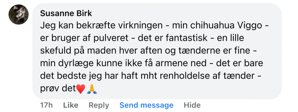 Rosende kundeudtalelse om pulver til chihuahua, forbedrede tænder og anbefaling med hjerte- og foldede hænder-emoji