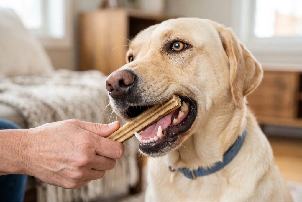 Lysebrun labrador tygger på Dentastix, som ejer holder