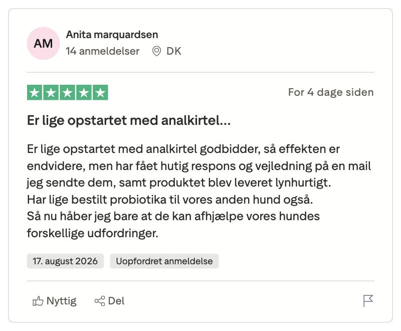 Trustpilot 5-stjernet anmeldelse om analkirtelgodbidder til hund, roser hurtig respons, levering og køb af probiotika
