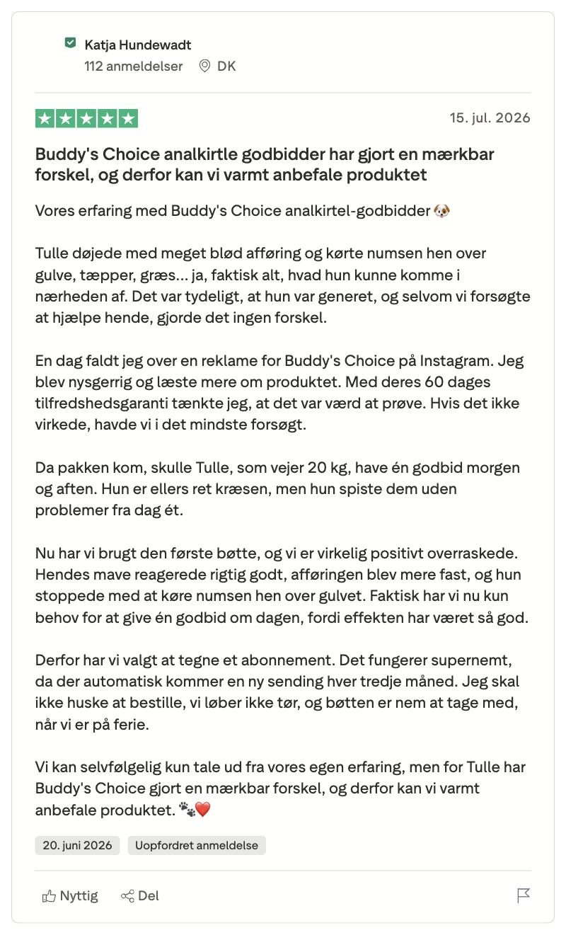 Femstjernet Trustpilot-anmeldelse, positiv brugeroplevelse og anbefaling af Buddy's Choice analkirtel-godbidder til hund