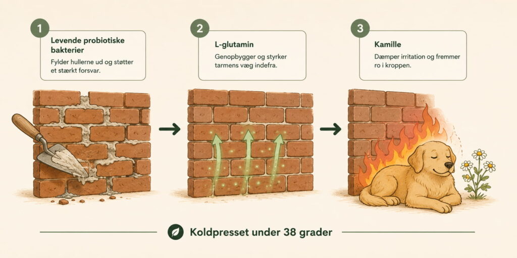 3 trin: probiotika fylder mur, L‑glutamin genopbygger væg, kamille dæmper inflammation, rolig hund
