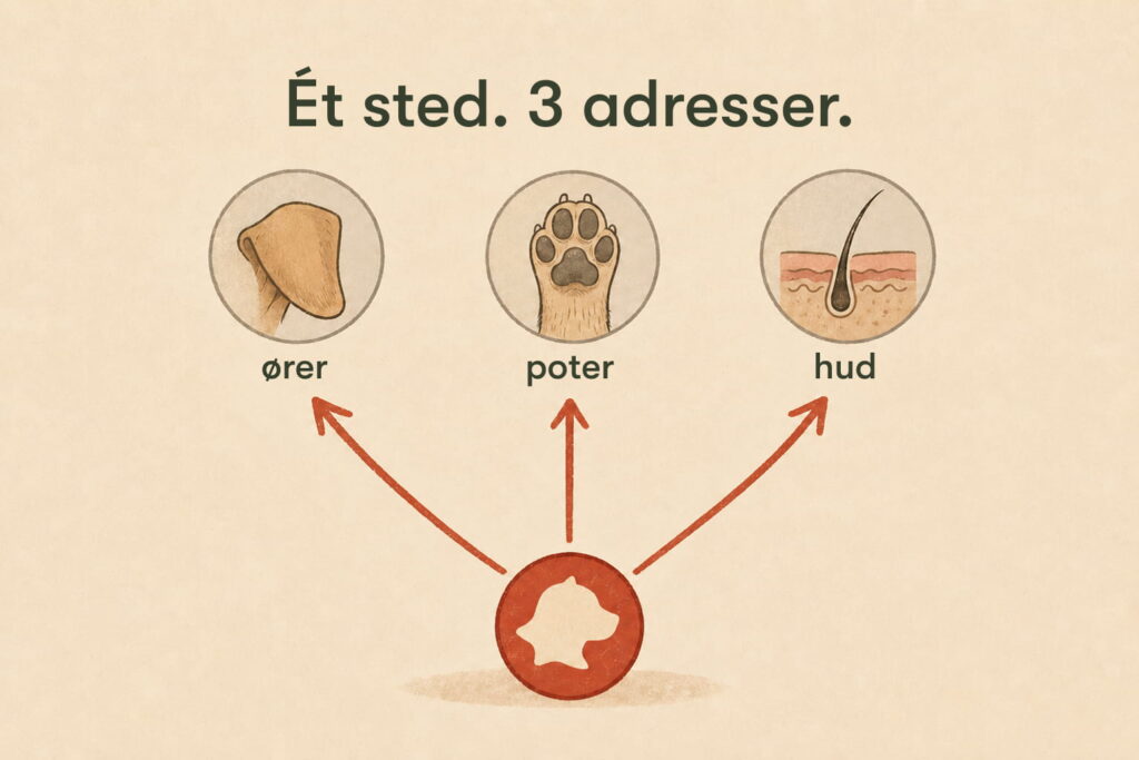 Tre adresser til hundesymptomer: ører, poter og hud vist med pile til rød hundesilhuet
