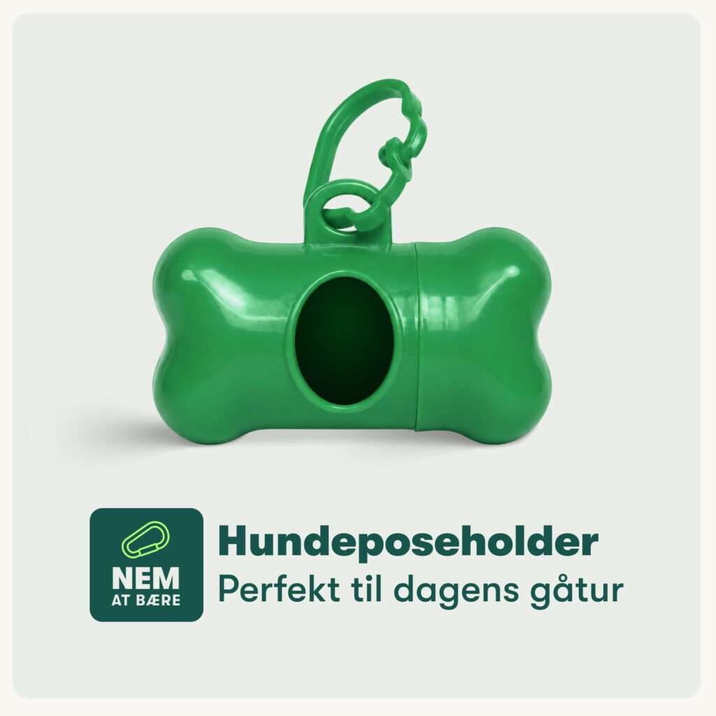 Grøn hundeposeholder i knogleform med karabinclips og rund åbning til poser