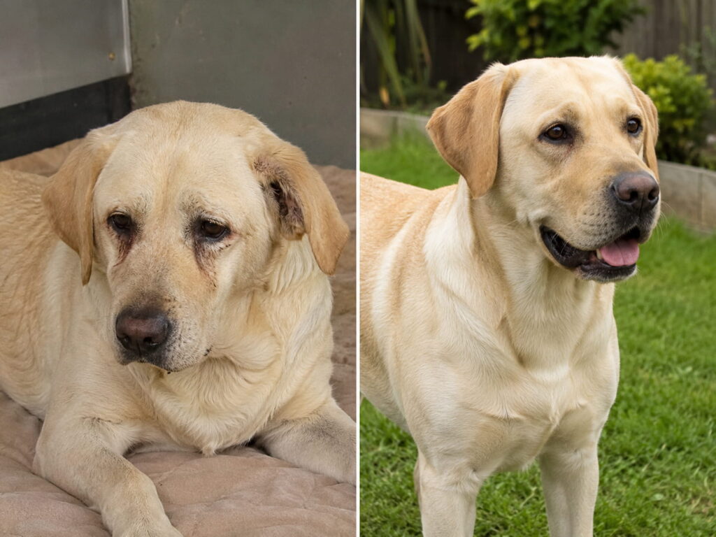 Labrador før/efter behandling: fra såret, træt hund til frisk, glad labrador i haven