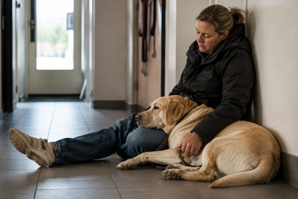 Kvinde sidder i klinikgang og trøster en gul labrador, hunden hviler hovedet i hendes skød