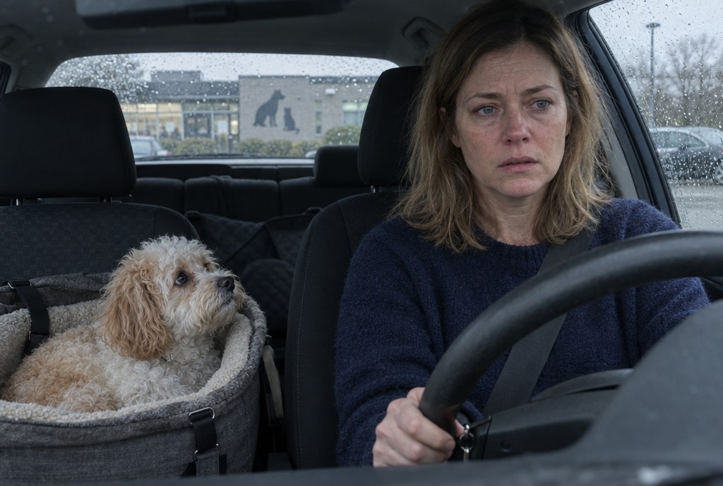 Bekymret kvinde ved rattet, lille krøllet hund i polstret hundesæde ved siden af, regndråber på forruden