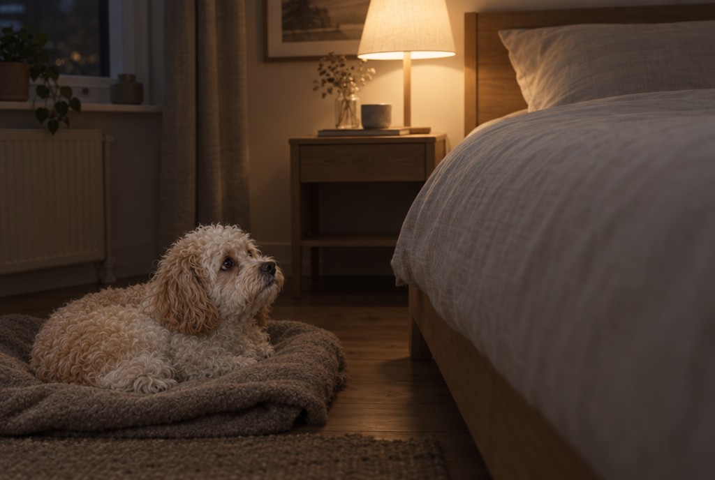 Krøllet lille hund på blød hundepude ved seng i hyggeligt oplyst soveværelse med natbord og lampe
