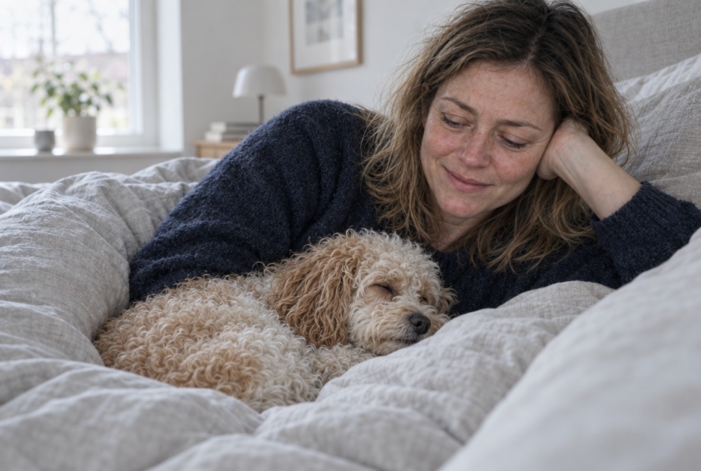 Kvinde i sengen smiler og kigger kærligt på sin lille sovende krøllede hund