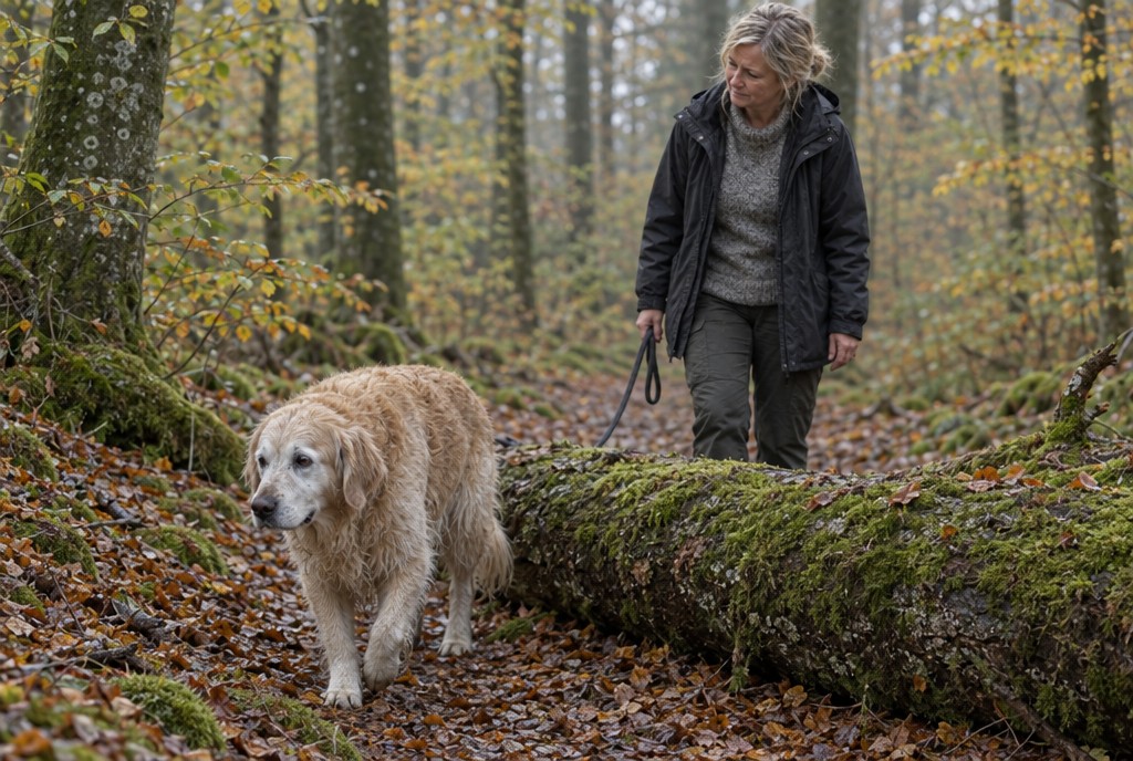 Kvinde går tur med gylden retriever i efterårsskov, våd pels, mosdækket væltet træ på stien.