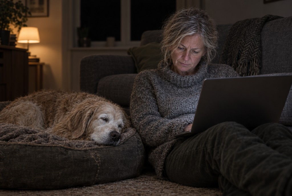 Kvinde i varm sweater sidder med bærbar ved sofa, stor hund sover i hundekurv under blødt lamelys