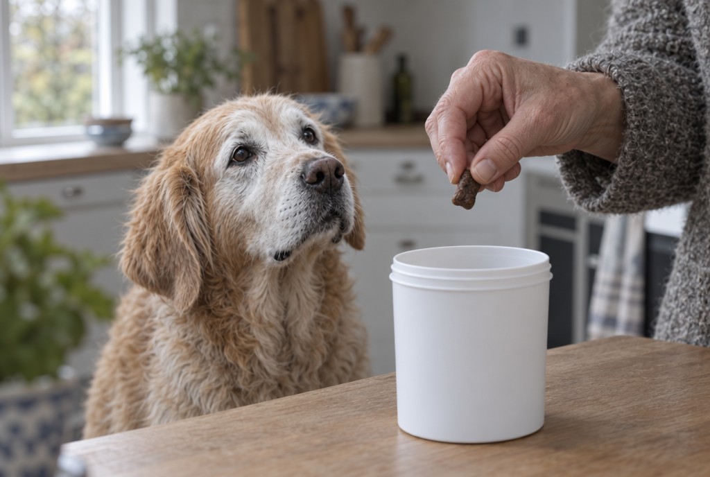 Ældre golden retriever ser forventningsfuldt til en hånd, der holder en godbid over en hvid beholder i køkkenet