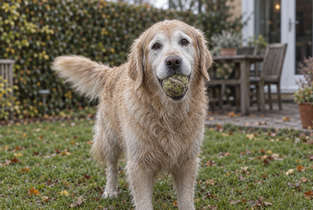 Golden retriever med slidt tennisbold i munden står på græs i have