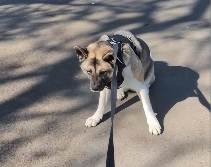 Hund i sele der sætter sig ned på gåturen