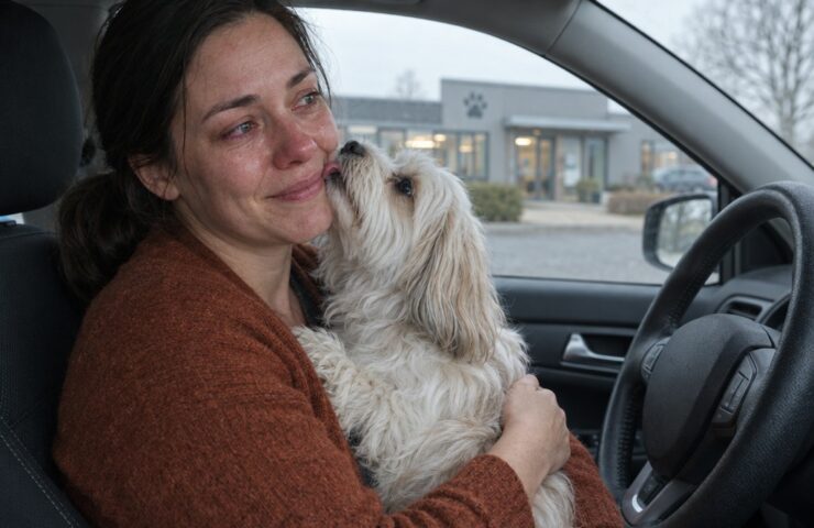 Tårevædet kvinde holder lille hvid hund, der slikker hendes kind i bilen uden for dyreklinik