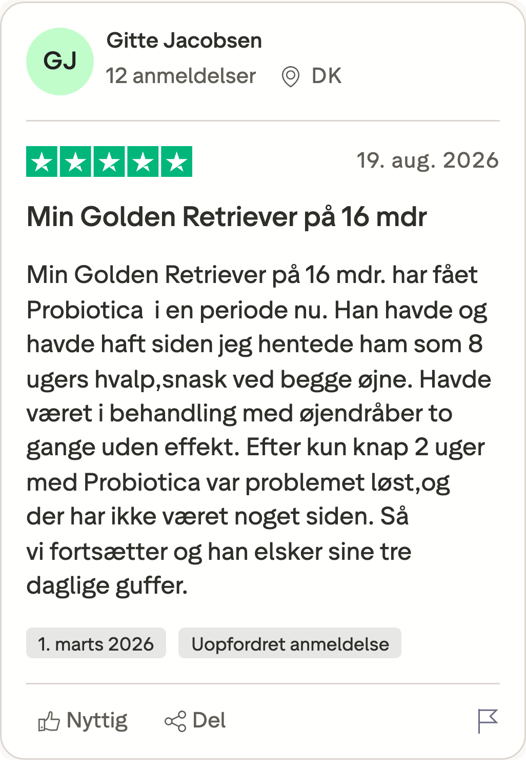 Trustpilot-anmeldelse af Probiotika+ fra Gitte om hendes golden retriever