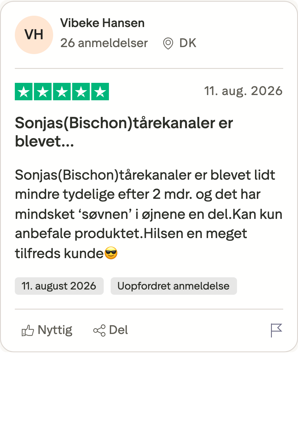 Trustpilot-anmeldelse af Probiotika+ fra Sonja om hendes bichon