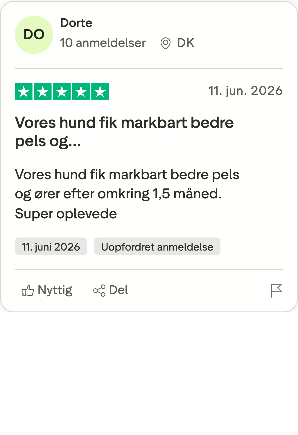 Trustpilot-anmeldelse af Probiotika+ fra Dorte om en hund på 15 måneder