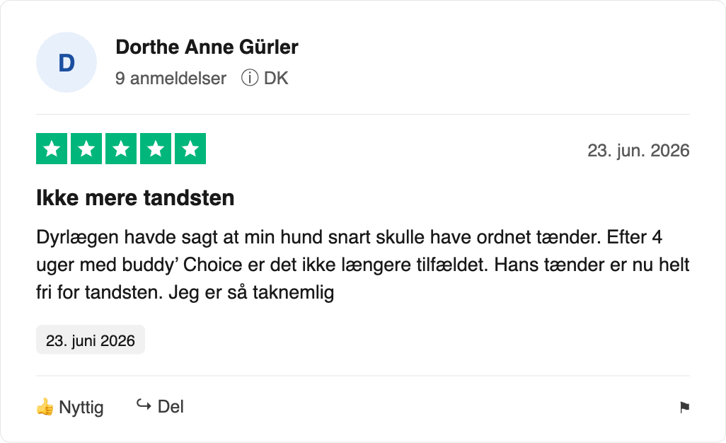 Brugeranmeldelse: 5 stjerner, Ikke mere tandsten – hundens tænder fri for tandsten efter 4 uger.