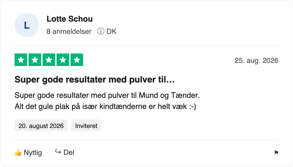 5-stjernet anmeldelse fra dansk bruger om tandpulver, fjerner gult plak især på kindtænder