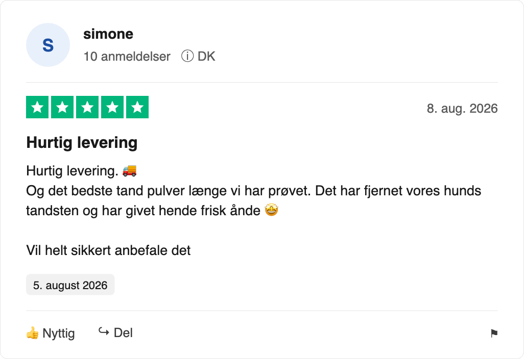 Femstjernet dansk anmeldelse om hurtig levering og effektivt tandpulver til hund, fjerner tandsten og giver frisk ånde
