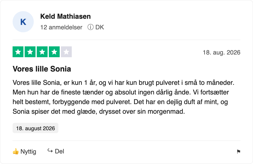 Anmeldelse af Keld Mathiasen (DK), 4/5 stjerner, Vores lille Sonia om mintpulver der gav gode tænder og frisk ånde
