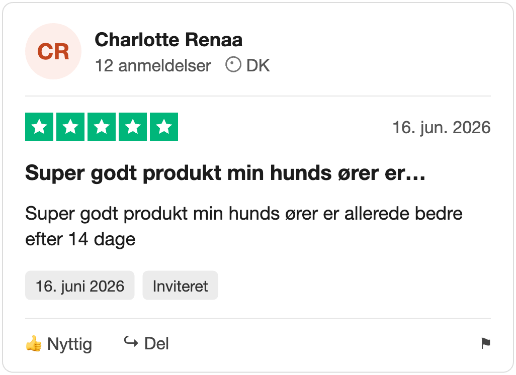 Trustpilot-anmeldelse fra Charlotte Renaa: Super godt produkt min hunds ører er…