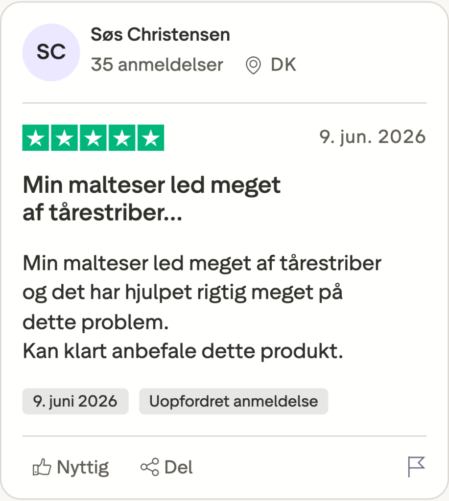 Trustpilot-anmeldelse fra Søs Christensen om at hendes malteser led af tårestriber