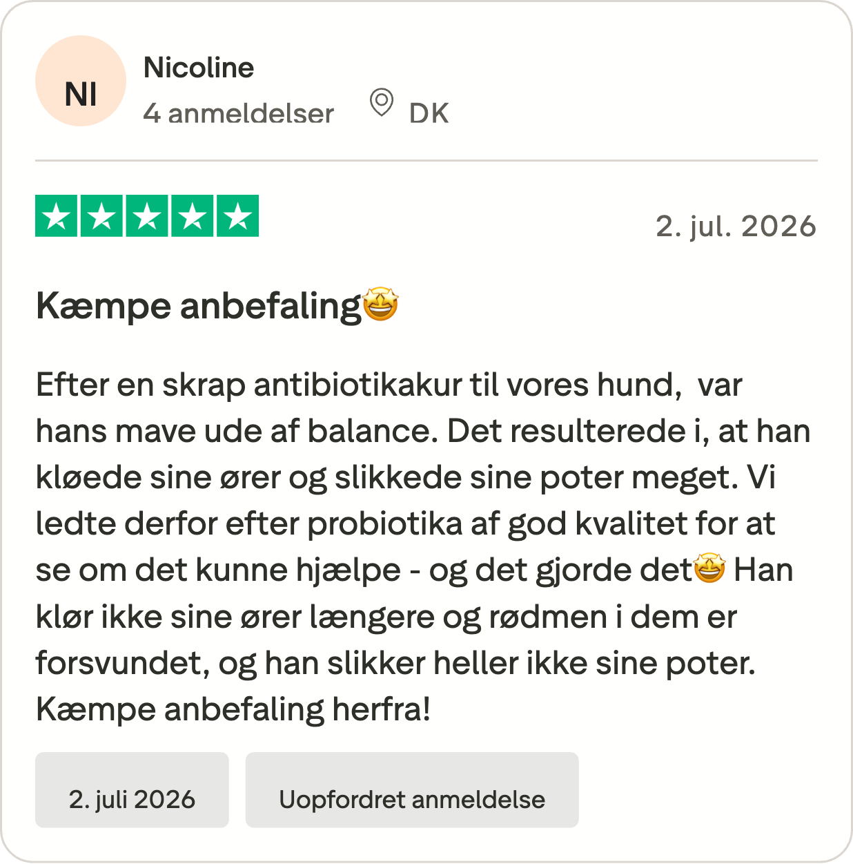 Trustpilot-anmeldelse fra Nicoline om Probiotika+