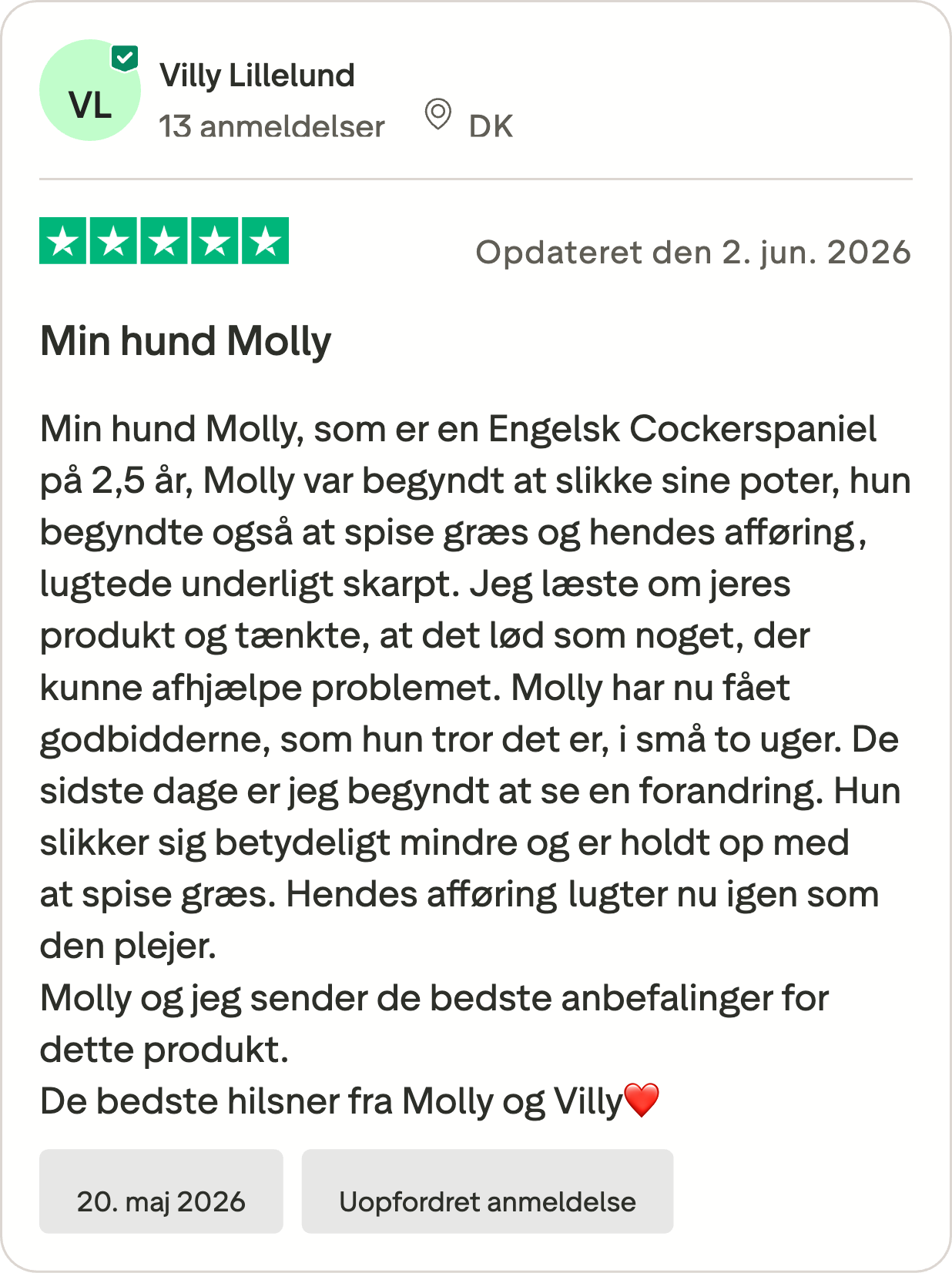 Trustpilot-anmeldelse fra Villy om Probiotika+