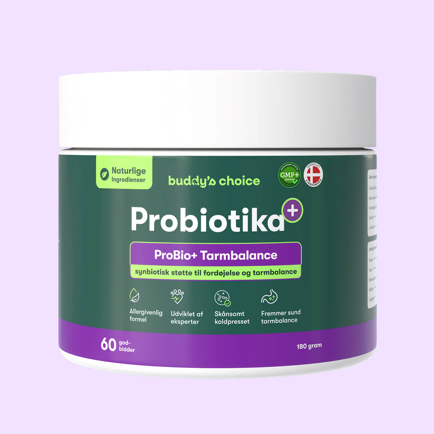 Beholder med Buddy's Choice Probiotika ProBio+ Tarmbalance, grøn-lilla etiket, 60 godbidder