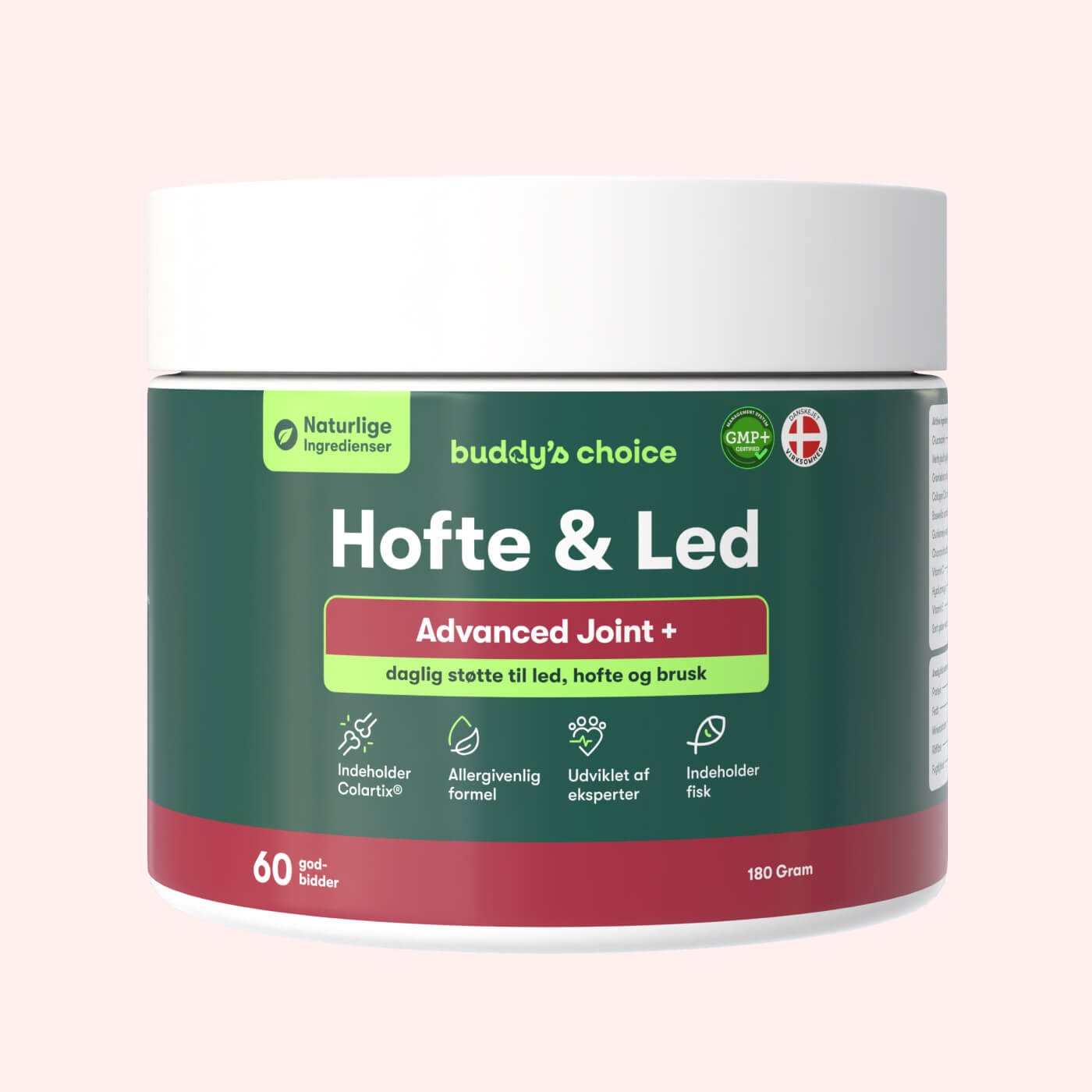 Hvid krukke med grøn etiket: Hofte & Led Advanced Joint+ kosttilskud, 60 godbidder, naturlige ingredienser