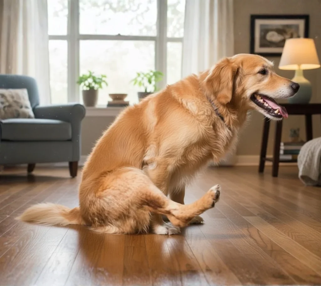 Golden Retriever sidder i stue på trægulv med bagben strakt bagud, tungen ude og afslappet udtryk